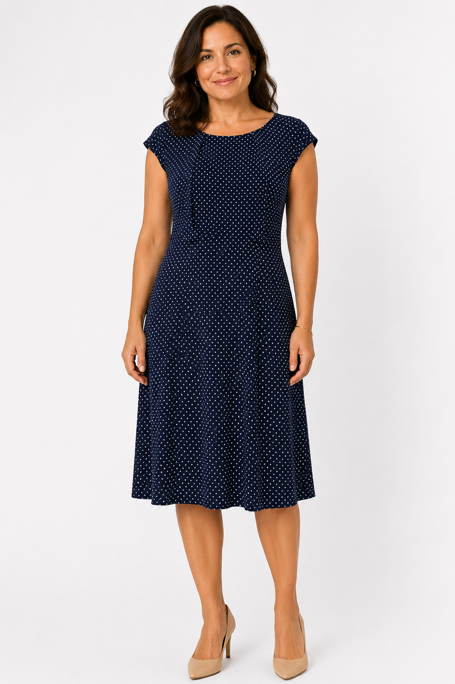 Connected Apparel Womens Navy White Polka Dot Cap Sleeve Jersey Knit Dress sz 12